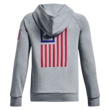 Let your child show their pride with the Under Armour� Freedom Rival Fleece Long-Sleeve Hoodie for Kids. It's comfortable thanks to an ultrasoft 80% cotton/20% polyester-blend fleece and a brushed interior. Ribbed cuffs and hem keep the hoodie snug. A kangaroo pocket helps your little athlete tote small items to practice. The back and left sleeve of the hoodie feature stylized American flags. The upper chest has a white-and-blue Under Armour logo. Machine wash. Imported. Manufacturer style #: 13 Under Armour Logo, American Flags, Under Armour Hoodie, Ready To Play, Hem Style, Toddler Sizes, Grey Hoodie, Kids Tops, Good Brands