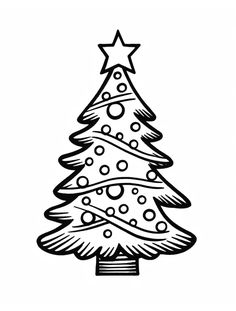 a black and white drawing of a christmas tree with stars on it's top