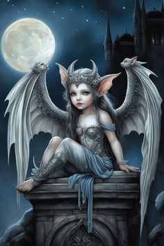 a fairy sitting on top of a stone wall next to a full moon