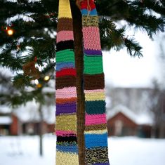 two knitted scarves hanging from a tree in front of a snow covered yard