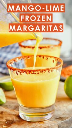 mango - lime frozen margaritas in small glasses on a cutting board