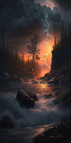 a painting of a river with rocks and trees in the foreground, lightning above it