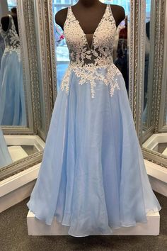 Light Blue Floral Lace V-Back A-Line Long Prom Dress Blue V-neck Prom Gown, Blue A-line Dress For Prom, Blue V-neck Dress For Prom Season, Light Blue A-line Prom Dress, Blue A-line Gown With Fitted Bodice, Light Blue A-line Evening Dress, Blue V-neck Evening Dress For Spring, Blue V-neck Spring Evening Dress, Light Blue V-neck Dress For Prom