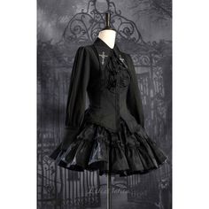 A gothic blouse that looks like an aristocratic lady from medieval Europe. Her collar has a cross sword embroidered on it, the back is laced, and the chest is decorated with a statement frill. She is a mysterious young lady with a gorgeous aura. 
 
 

 

 
 
 
 Size 
 
 XS size 
 
 Length: 63cm 
 Bust: 84cm 
 Waist: 72cm 
 Sleeve length: 62cm 
 
 S size 
 
 Length: 64cm 
 Bust: 88cm 
 Waist: 76cm 
 Sleeve length: 62cm 
 
 M size 
 
 Length: 65cm 
 Bust: 92cm 
 Waist: 80cm 
 Sleeve length: 62.5cm Fitted Gothic Tops, Gothic Black Top With Lace Collar, Black Long Sleeve Corset Dress For Costume, Gothic Fitted Blouse For Costume, Gothic Style Tops With Lace Collar For Party, Fitted Gothic Blouse For Costume, Gothic Party Tops With Lace Collar, Gothic Party Top With Lace Collar, Fitted Witchy Top For Costume Party