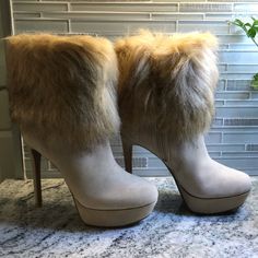 Never Worn And Remained In Original Box. Shell Is 100% Wool, Lining 100% Satin, Faux Polyester Fur On Cuff. Luxury Brown Knee-high Boots With Stacked Heel, John Core, Fur Platform Boots, Boots With Fur, Winter Princess, Brown Leather Ankle Boots, Fur Shoes, Super Nails, Gianni Bini Shoes