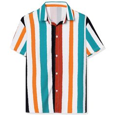 The collision of different multicolor-striped shirts is the color of summer and a dazzling presence in the crowd. This button short-sleeved shirt with a contrast stripe design shows a charming man in summer. It is easy to match. You can wear a solid color tank top inside, or pair it with jeans or pants. A perfect gift for family, friends, boyfriends, or colleagues. Horizontal Stripe Button-up Shirt For Summer, Summer Horizontal Stripe Button-up Shirt, Summer Button-up Shirt With Horizontal Stripes, Summer Vacation Tops With Striped Collar, Striped Shirt With Button Closure For Beach, Striped Shirt With Button Closure For Summer, Orange Button Closure Shirt For Summer, Orange Summer Shirt With Button Closure, Striped Button Closure Shirt For Summer