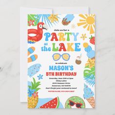 a party at the lake birthday card with an image of a bird and pineapple