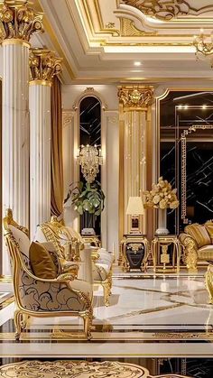 an elegant living room with gold accents and marble flooring is seen in this image