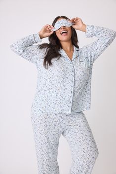 Elevate your sleepwear with our light blue modal pajama set adorned with a mini leopard-floral print. Featuring contrasting piping and a chest pocket, this set combines playful patterns with practical elegance for a restful night’s sleep. This style is made from modal, a fan-favorite sleepwear fabric. Modal is a versatile year-round fabrication that has a smooth, luxe feel. Blue Air, Sleepwear & Loungewear, Pj Sets, Chest Pocket, Piping, Pajama Set, Pajamas, Floral Print, Lounge Wear