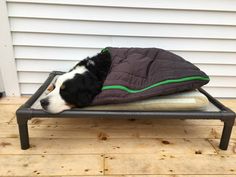 a black and white dog laying on top of a bed next to a wooden floor