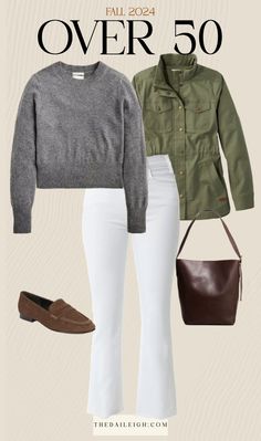 Olive Pants Outfit Fall, Over 50 Outfits For Women, 2024 Fall Outfits Women, Fall Outfits 2024 Women, Fall 2024 Outfits, White Pants Fall Outfit, Fall Casual Outfits Women