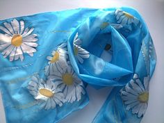 Hand-painted Daisy pure silk scarf. Large and long light blue and white colorway real silk scarf. Floral art was painted on a white background. 100% pure silk pongee 5. The designer silk scarf is a nice 12 anniversary or gift for her ✿-----Item details: ON ORDER ONLY *This scarf was made by order, I will make a similar, but not the same because this is a handmade product. The photo is just a sample. At your request, the scarf can be personalized by entering the name, monogram, or initials. ✿---- Artistic Blue Silk Scarf For Spring, Artistic Hand Painted White Scarf, Artistic Hand Painted White Scarves, Artistic Hand-painted White Scarf, Hand Painted Blue Silk Scarf For Summer, Hand Painted Blue Silk Scarf For Gift, Artistic White Silk Scarf For Summer, White Artistic Scarves For Spring, Artistic White Scarf For Spring