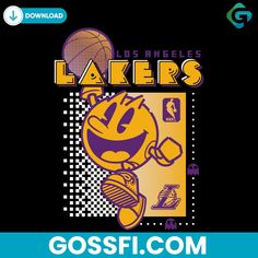 the lakers logo is shown in purple and yellow on a black background with an image of a