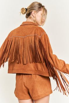 -Soft touch faux suede fabric-Classic collar-Suede fringe with edge stud feature-Relaxed fit-Button front closure-S(2)-M(2)-L(2)-XL(2)-1XL(2)-2XL(2)-3XL(2)Made In: CHINAFabric Contents: 100% POLYESTER Pelo Afro, Studded Jacket, Suede Fringe Jacket, Faux Suede Fabric, Heart Women, Fringe Jacket, Sweater Collection, Vegan Fashion, Friend Outfits