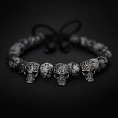 8mm MATTE SNOWFLAKE OBSIDIAN BEADS & GUNMETAL SKULL CHARM BRACELETMATTE SNOWFLAKE OBSIDIAN BEADS & GUNMETAL SKULL CHARM BRACELET - This beaded bracelet ismade with 8mm Grade A Matte Snowflake Obsidian beads and features gunmetal skull beads. Mens Skull Bracelet, Skull Bracelet Men, Obsidian Bracelet, Metal Skull, Biker Jewelry, Obsidian Stone, Diy Bracelets Easy, Men's Bracelets, Skull Bracelet