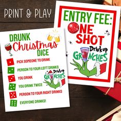 two printable christmas cards with the words drink me, grinnies and merry drinks