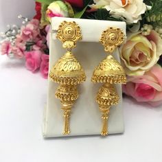 Handmade Jhumka Earrings 22ct Micro Gold Plated Earrings Indian jewelry Pakistan Jewelry  Length:3.5"Inches Approx  Traditional Indian Wedding Jewellery Slight Colour variations possible due to difference in screen and photograph  It is a perfect match with formal attire on special occasions or with casual wearing Care instructions Keep Jewellery away from direct heat, water, perfumes, deodorants and other strong chemicals as they may react with the metal or plating. The plating composition of J Gold Plated Jhumkas With Latkans For Festivals, Dual-tone Earrings For Puja And Festivals, 22k Gold Earrings For Puja Navratri, 22k Gold Earrings For Puja During Navratri, Gold Jhumkas For Navratri Puja, Gold Jhumkas For Puja And Navratri, Gold Plated Jhumkas For Puja, Gold Plated Round Jhumkas With Latkans, Yellow Gold Jhumkas For Navratri Gift