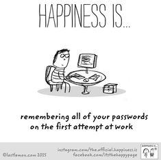 a cartoon drawing of a man sitting at a computer desk with the caption happiness is