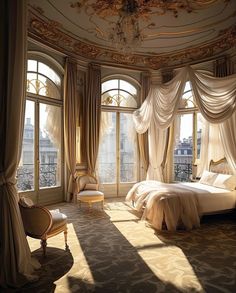 a bedroom with two beds and curtains on the window sill, in front of a chandelier