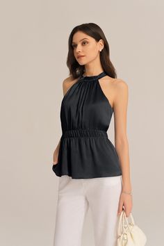 Add a touch of edgy sophistication to your wardrobe with this halterneck tops. The cut-out shoulder design and the keyhole back adds a touch of elegance and trendy. The elastic waist ensures a comfortable and flattering fit. Perfect for both casual and dressy occasions, these tops will elevate your style.Material : 98%Polyester+2%ViscoseElasticity : NoneSku : CLD027S24*Package : 1*TopsCare instructions:Do Not Bleach.Separate dark colors.Iron Low Heat. Chic Black High Neck Halter Top, Black High Neck Tops For Evening, Chic Evening Tank Top In Solid Color, Black High Neck Top For Evening, Black High Neck Evening Tops, Chic Solid Color Halter Top For Evening, Chic Halter Top For Evening, Chic Evening Halter Top, Chic High Neck Tops For Night Out