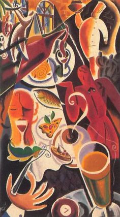 an image of a painting with food and drinks on it's tablecloths