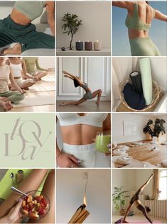 a collage of photos showing various yoga poses and their respective body types, including the woman in green