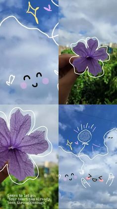 four different pictures of purple flowers in the sky and one with eyes drawn on it