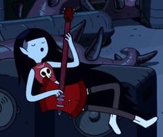 a cartoon character holding a guitar in her hand