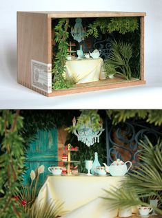 two images show the inside and outside of a miniature house with plants growing out of it