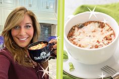 a woman holding a bowl of food and smiling at the camera