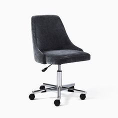 an office chair with wheels on the back and seat upholstered in grey fabric