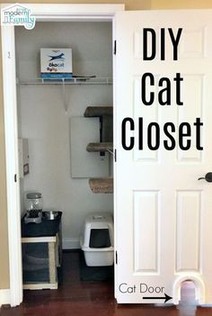 an open door with the words diy cat closet written on it in black and white