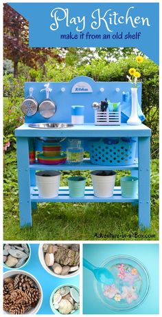 the play kitchen made from an old shelf is perfect for kids to use in their garden