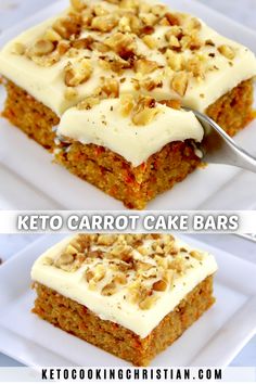 two pictures of carrot cake bars with cream cheese frosting and walnuts on top