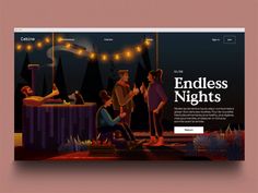 the website for endless nights is displayed on a pink background with an image of people sitting around