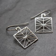 3/4" square. Lightweight stainless steel will not tarnish. Ear wires are surgical steel. Designed by Pittsburgh artist Audra Azoury. Modern Silver Rectangular Earrings, Silver Square Everyday Earrings, Everyday Silver Square Earrings, Single Silver Rectangular Earring, Modern Square Nickel-free Earrings, Modern Handmade Rectangular Earrings, Modern Stainless Steel Earrings For Gift, Modern Handmade Rectangular Jewelry, Modern Stainless Steel Jewelry With Square Pendant