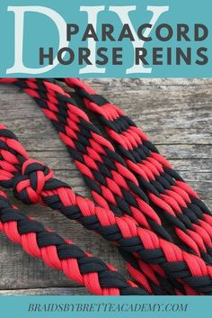 a red and black rope with the words paracord horse reins on top of it