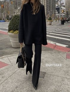 Black Boots Outfit With Jeans, Going Out For Dinner Outfit Winter, Parisian Autumn Outfit, Prep Style Women, Paris Night Outfit Winter, Knee High Boots Outfit Classy, Black V Neck Cardigan Outfit, Black Flares Outfit Going Out, The Row Street Style