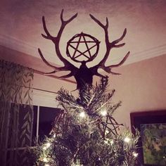 a deer head is mounted on the wall above a christmas tree with lights around it