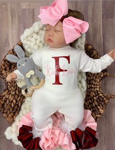 "This adorable customized outfit will have everyone in admiration of your little princess. This customized bodysuit is the perfect outfit for any occasion! Also offers an adorable large handmade ribbon bow! The bodysuit is accented with matching handmade ribbon anklets (which are removable for easy cleaning and style changes, how awesome). The anklets offer the perfect fluffy look for your little one, which we receive endless compliments on. The bodysuit is SUPER SOFT for the ultimate comfort. W Newborn Clothing, Baby Facts, Personalized Newborn, Baby Girl Outfit, Set Outfits, Baby Gown, Newborn Outfit, Gift Newborn