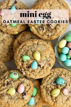 chocolate chip cookies with m & m eggs in the middle and text overlay reading mini egg oatmeal easter cookies