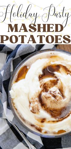 a glass bowl filled with mashed potatoes on top of a checkered table cloth