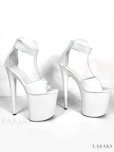 Lasaky - Premium Quality Open Toe Stiletto Heel Stripper Shoes - Elegant White PU Leather Pole Dance Sandals with Ankle Strap and Sky High Heel Ankle-high Platform Sandals For Formal Occasions, Formal Ankle-high Platform Sandals, Ankle-high Synthetic Heels With Heel Loop, Synthetic Ankle Strap Wedding Shoes With Heel Strap, Party Ankle-high Sandals With Heel Strap, Open Toe Leather Wedding Shoes For Party, Leather Open Toe Wedding Shoes For Party, Leather Open Toe Wedding Shoes, White Platform Sandals For Party