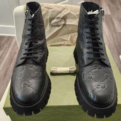 Black Gucci High Top Boot Brand New Size 44 Gucci Luxury Boots, Designer Black Boots For Streetwear, Luxury Lace-up Boots For Streetwear, Gucci Black Round Toe Boots, Gucci Black Ankle Boots, Gucci Black Luxury Boots, Designer Black Boots With Lug Sole, Designer Black Boots With Medium Fit, Luxury Black Gucci Boots