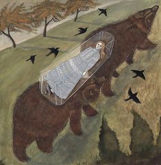 there is a bear carrying a baby in a cage with birds flying around it and two black birds on the ground