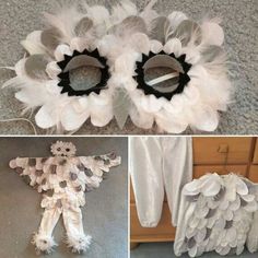 three different pictures of white feathers with black centers and one has an angel wings on it