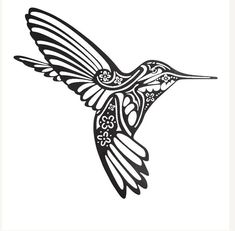 a black and white drawing of a hummingbird