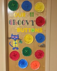 a door decorated with cupcakes and paper plates