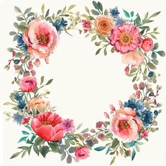 watercolor flowers arranged in a circle on a white background