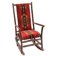 a wooden rocking chair with a red and black blanket on it's backrest